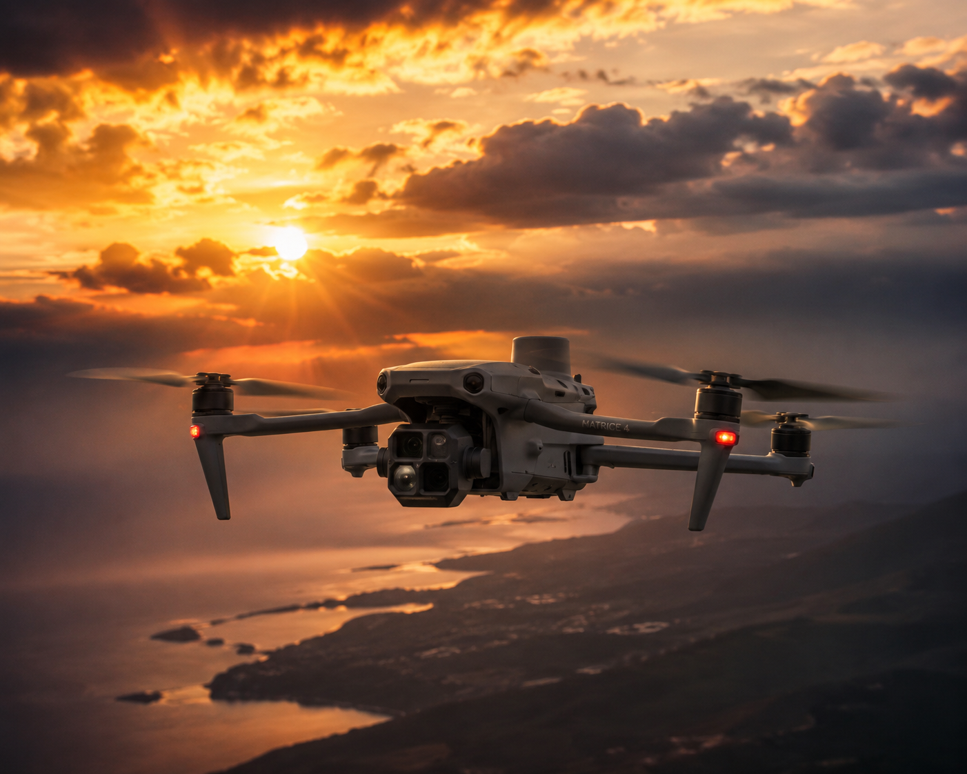 Drone em voo ao pôr do sol